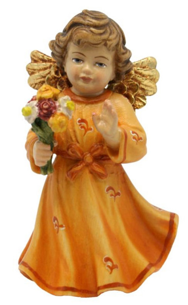 Schutzengel mit Blumen H 12 cm Engel mit orangenem Kleid Holzfigur Holzstatue Statue aus Ahornholz