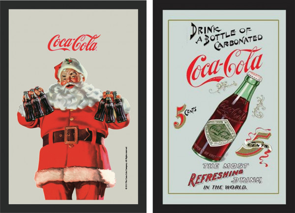 Set: 2 Spiegelbilder Coca-Cola Retro Vintage Weihnachtsmann Cola Flasche 20x30 cm Wandbilder