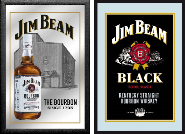 Set: 2 Spiegelbilder Jim Beam Whisky Flasche Emblem 20x30 cm Hinterglasdruck mit schwarzem Rahmen