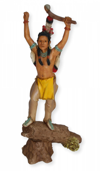 Indianerfigur Massasoit H 24 cm Wasamegin Gelbe Feder mit Kopfschmuck stehend auf Holzstamm Castagna