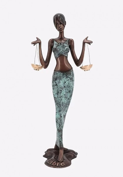 Bronzefigur Bronzeskulptur Sternzeichen Waage H 69 cm Libra Skulptur Frau mit blauem Kleid