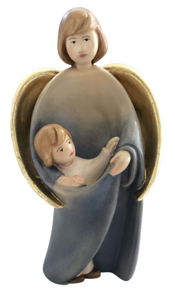 Schutzengel mit Jungen H 12 cm Moderne Engelsfigur Engel Holzfigur Deko Statue aus Ahornholz