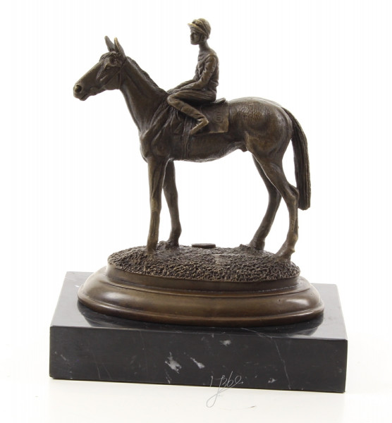 Bronzefigur Bronzeskulptur Tierfigur Jockey auf Pferd aus Bronze auf Marmorsockel H 20 cm Deko Figur