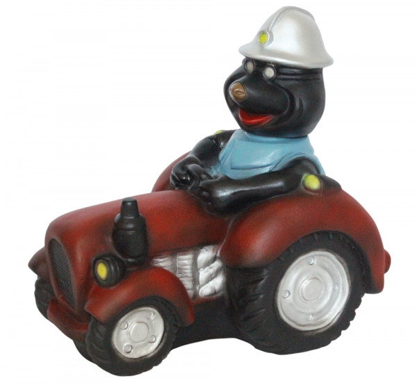 Maulwurf auf Traktor Wackelkopf Figur Höhe 31 cm - Lustige Bergarbeiter-Dekofigur aus Kunststoff