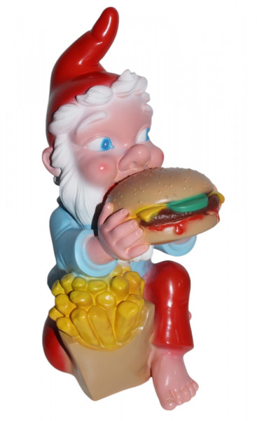 Gartenzwerg mit Hamburger und Pommes Figur Lustiger Zwerg H 33 cm Gartenfigur aus Kunststoff