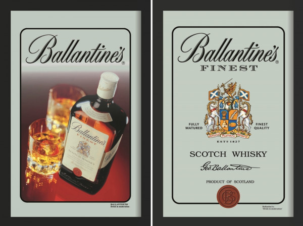 Set: 2 Spiegelbilder Ballantines Whisky Flasche Emblem 20x30 cm Hinterglasdruck mit schwarzen Rahmen