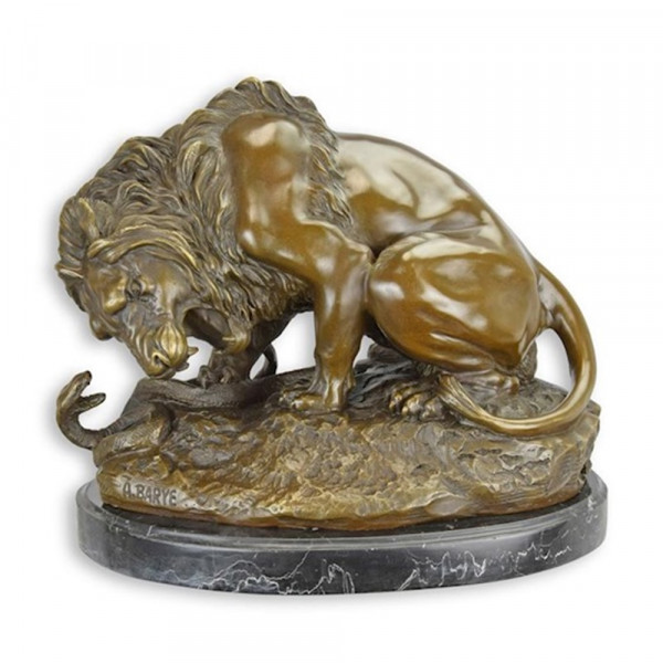 Bronzefigur Bronzeskulptur Löwe im Kampf gegen Schlange auf Sockel H 24 cm Bronze Figur