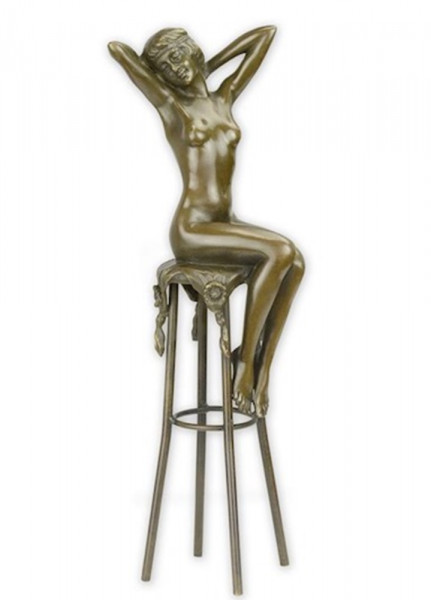 Bronzefigur weiblicher Akt Erwachen auf Barhocker H 28,1 cm Bronzeskulptur Figur aus Bronze