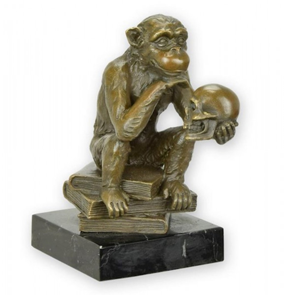 Bronzefigur Bronzeskulptur Tierfigur Affe mit Schädel aus Bronze auf Marmorsockel H 14 cm Skulptur