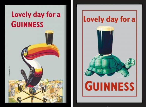 Set: 2 Spiegelbilder Guinness Bier Pelikan Schildkröte 20x30 cm Bar Deko Vintage Wandbilder