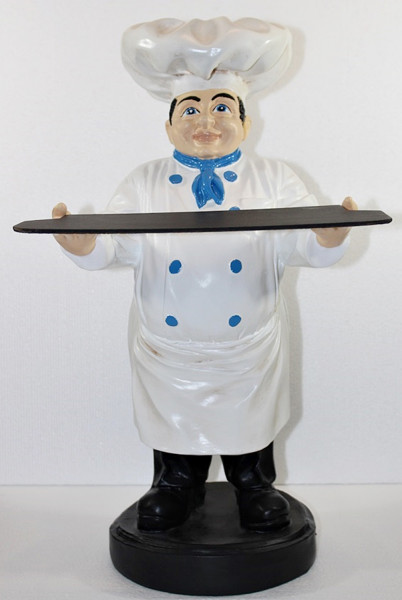 Dekorationsfigur Koch weißes Hemd mit Tablett Kochfigur H 48 cm Gastrofigur stehend aus Kunstharz