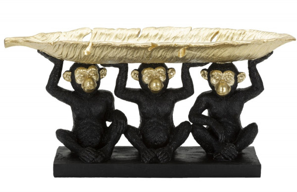 Dekofigur 3 Affen Schimpansen sitzend nebeneinander mit goldener Schale über den Köpfen H 20 cm