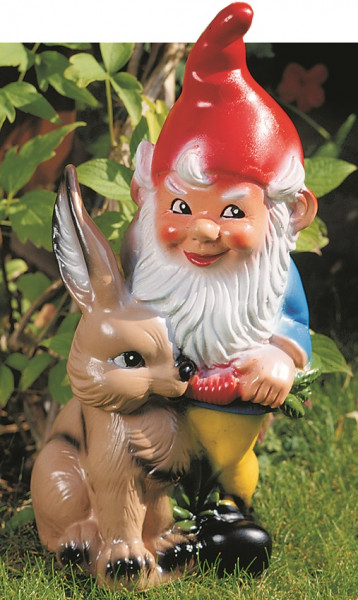 Gartenzwerg mit Hase Figur Zwerg H 38 cm Gartenfigur aus Kunststoff