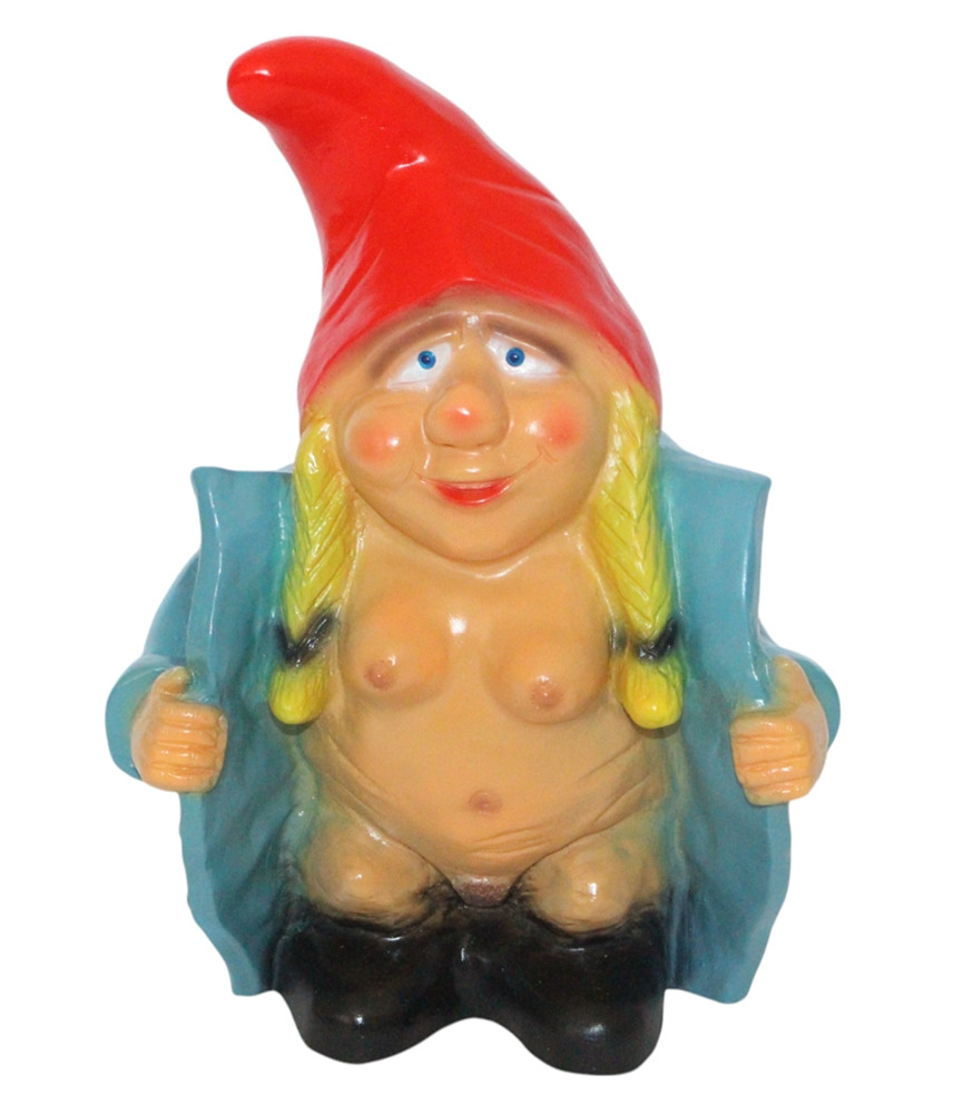 Gartenzwerg nackte Zwergenfrau 30 cm im blauen Mantel lustige Zwergin aus Kunststoff