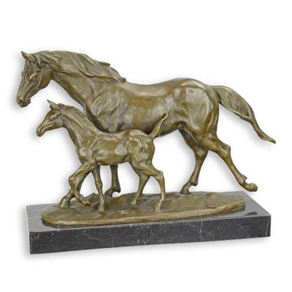 Bronzefigur Bronzeskulptur Bronze mit Fohlen trabend Pferd auf Sockel Höhe 22,9 cm Bronze Figur