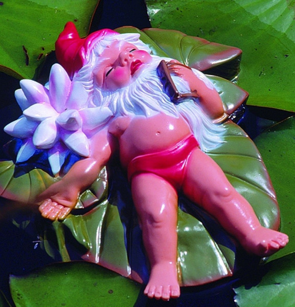 Gartenzwerg auf Schwimmblatt Figur Zwerg Urlauber L 31 cm Gartenfigur Teichfigur aus Kunststoff