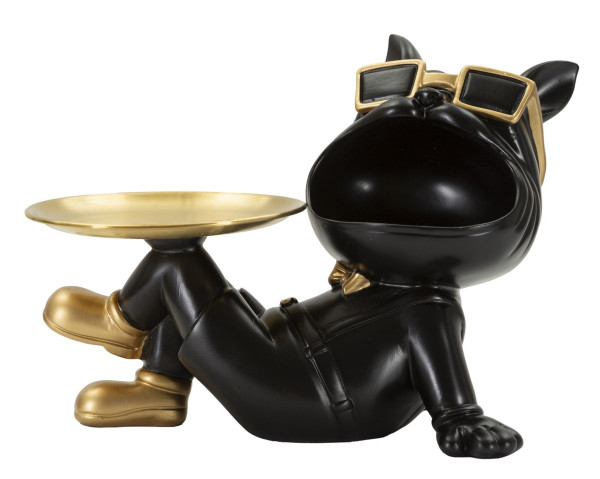 Dekofigur Hund Buddy Cool schwarz klein liegend mit goldenem Tablett und Mundbehälter H 18,5 cm