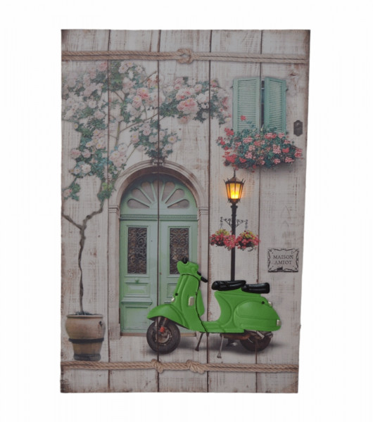 Nostalgie LED-Wandbild Gasse mit grünem Roller Vespa Blumen Vintage Stil 60x40 cm Leinwandbild