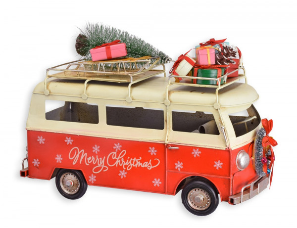 Deko Nostalgie Modellauto Oldtimer Bulli "Merry Christmas" in rot L 37 cm Modellbus aus Blech