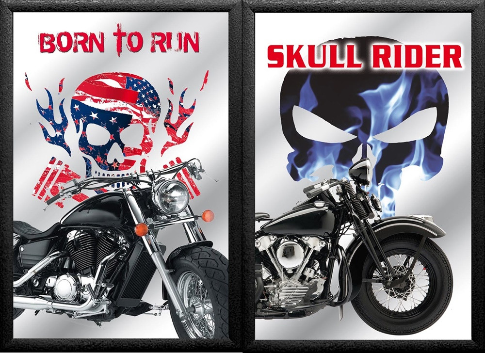 Set: 2 Spiegelbilder Easy Rider Skull Motorrad Bild 30x20 cm Wandbilder Hinterglasdruck mit Rahmen