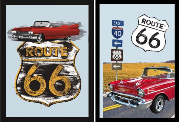 Set: 2 Spiegelbilder Route 66 Chevrolet Oldtimer USA Flagge 20x30 cm Deko Wandbilder Hinterglasdruck