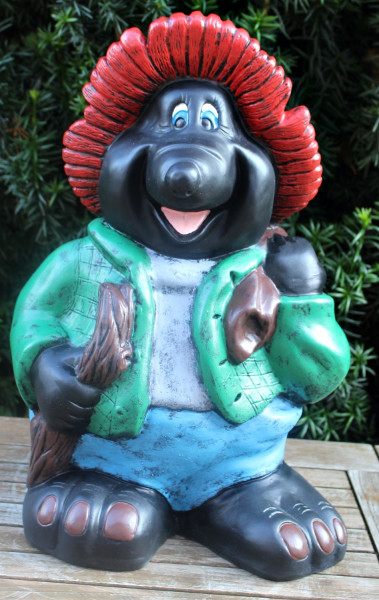 Dekofigur lustiger Maulwurf stehend mit Korb und Holzstück in Hand H 45 cm Gartenfigur aus Kunstharz