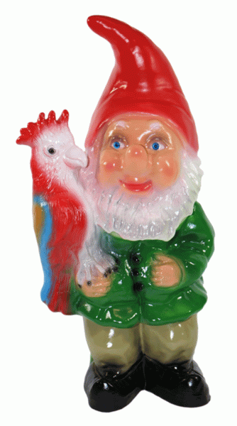 Gartenzwerg Deko Garten Figur Zwerg sitzend mit Papagei auf der Hand aus Kunststoff H 37 cm