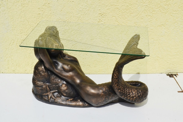 Glastisch mit Meerjungfrau Nixe Länge 80 cm aus Resin und Glas - bronzefarben