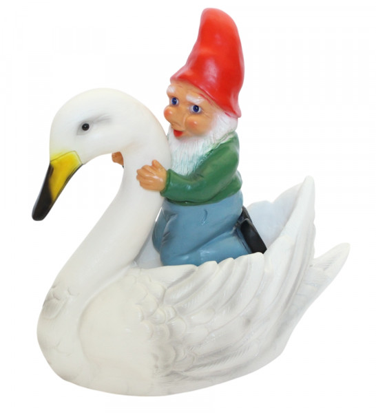 Gartenzwerg auf Schwan H 30 cm witzige Teichfigur aus Kunststoff, Dekofigur für Garten & Teich