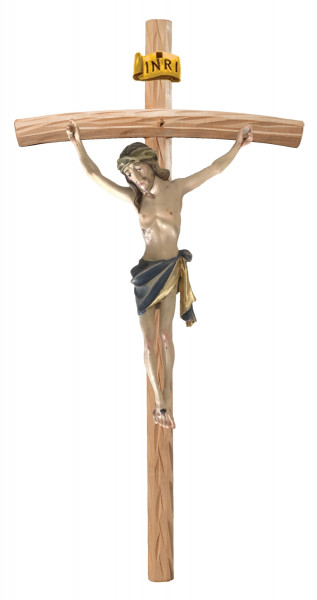 Heiligenfigur Kruzifix Jesus am Kreuz blau H 12/ 27 cm Statue Ahorn- und Lindenholz Holzfigur