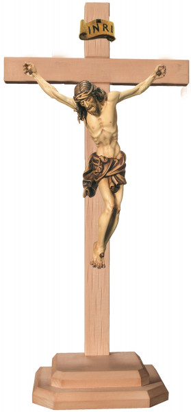 Heiligenfigur Kruzifix Jesus am Kreuz auf Sockel H 12/ 27 cm Statue Ahorn- und Lindenholz Holzfigur