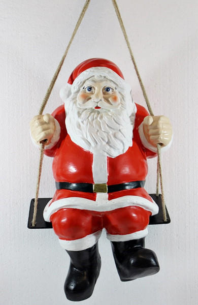 Figur Weihnachtsmann H 41 cm auf Schaukel Dekofigur zum Aufhängen aus Kunstharz