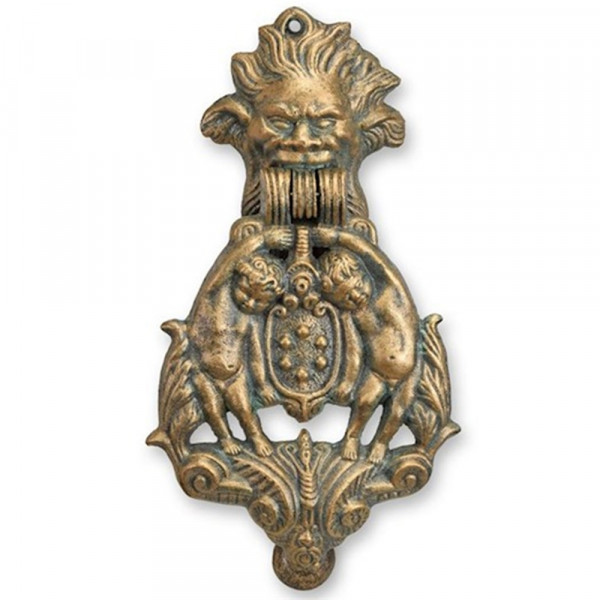 Türklopfer Satyr & Putti im Renaissance-Stil H 34 cm Massive Gusseisen Türdekoration in Bronzeoptik
