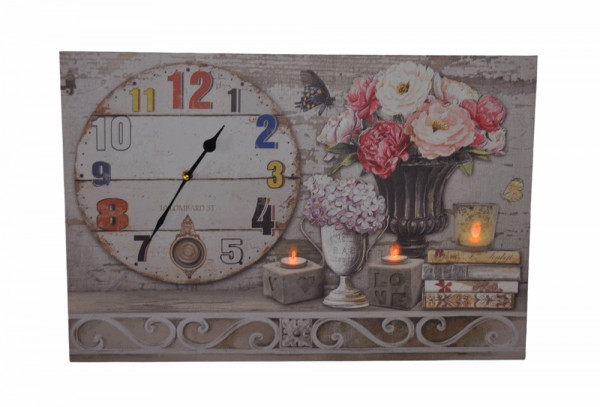 Nostalgie LED-Wandbild Blumen Bücherstapel Deko Bild mit integrierter Uhr 40x60 cm Leinwandbild