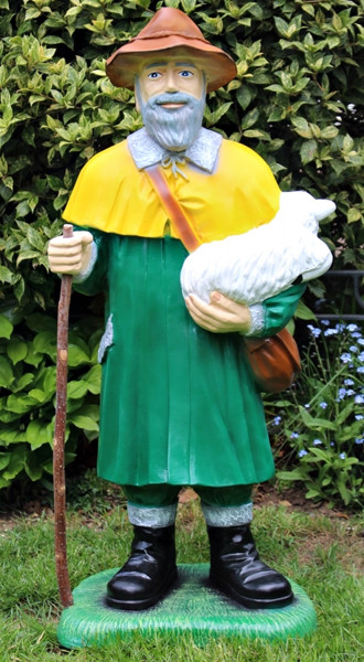 Dekorfigur Schäfer Lamm und Stock haltend Hirte stehend mit Lamm H 87 cm Gartenfigur aus Kunstharz