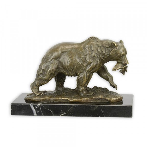 Bronzefigur Bronzeskulptur Grizzlybär auf Fischjagd auf Sockel H 12,6 cm Bronze Figur