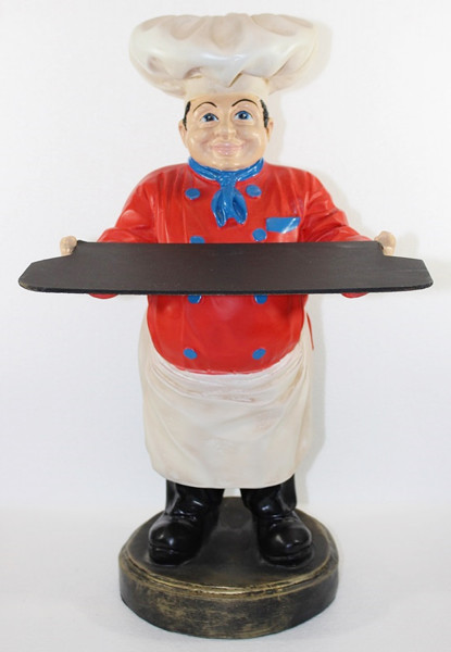 Deko Figur Koch rotes Hemd mit Tablett Kochfigur H 48 cm Gastrofigur stehend aus Kunstharz