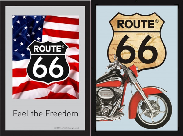 Set: 2 Spiegelbilder Route 66 USA Flagge & Motorrad Bild 20x30 cm Deko Wandbilder Hinterglasdruck