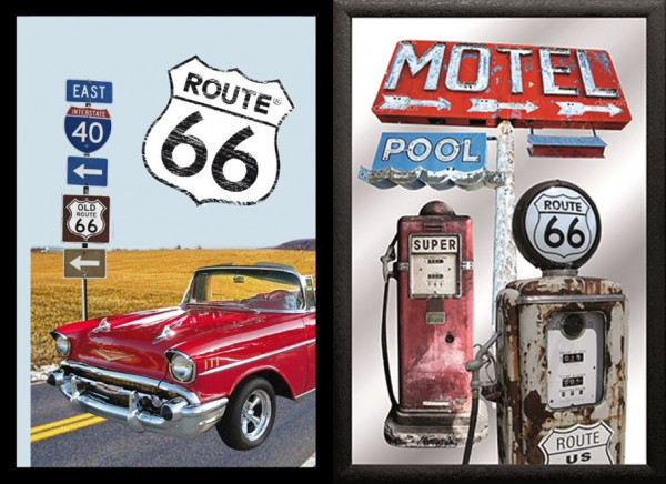 Set: 2 Spiegelbilder Route 66 USA Chevrolet Bild 20x30 cm Deko Wandbilder Hinterglasdruck