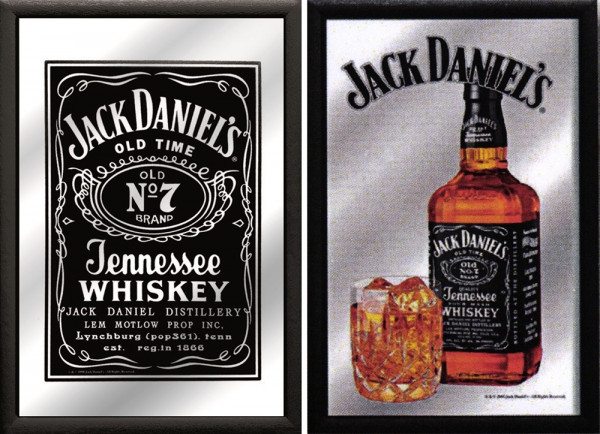 Set: 2 Spiegelbilder Jack Daniel's Whisky Flasche Glas Emblem 20x30 cm Hinterglasdruck mit Rahmen
