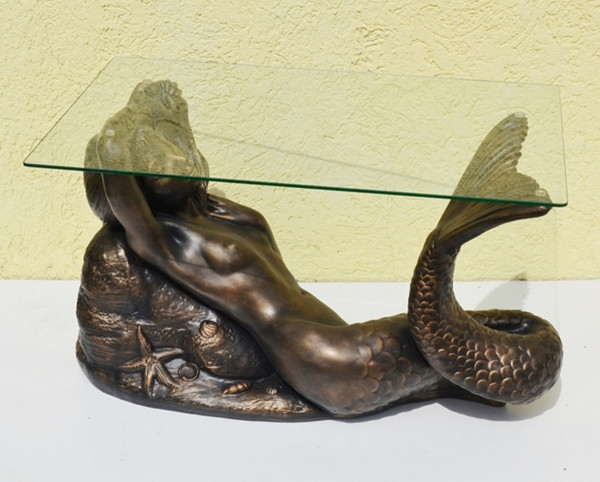 Glastisch mit Meerjungfrau Nixe Länge 80 cm aus Resin und Glas - bronzefarben