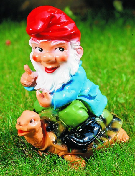 Gartenzwerg auf Schildkröte Figur Zwerg H 30 cm Gartenfigur aus Kunststoff