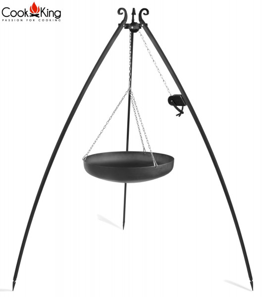 Dreibein mit Kurbel H 200 cm mit Wok Ø 70 cm aus Stahl Dreibeingestell Wokpfanne Tripod Grillständer