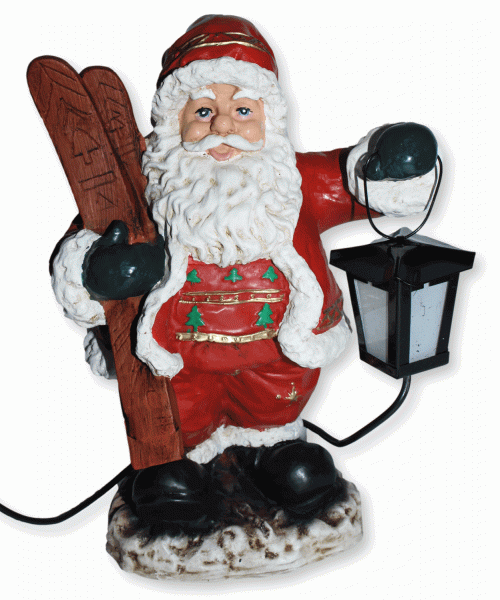 Figur Weihnachtsmann H 40 cm als Skifahrer Dekofigur mit elektrischer Lampe aus Kunstharz
