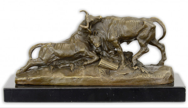Bronzefigur Bronzeskulptur 2 kämpfende Bullen auf Sockel H 12 cm Bronze Figur