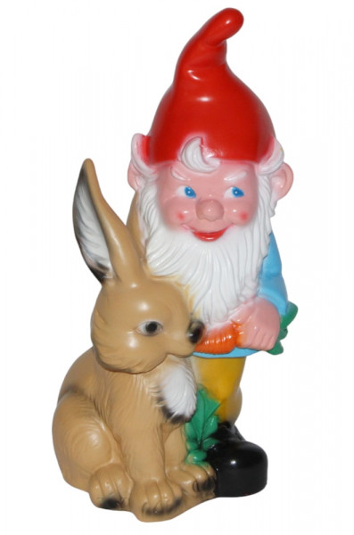 Gartenzwerg Figur Zwerg mit Hase und Karotte H 44 cm stehend Gartenfigur aus Kunststoff