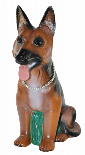 Deko Garten Figur Tierfigur Schäferhund mit Kette Hund klein sitzend aus Kunststoff Höhe 39 cm