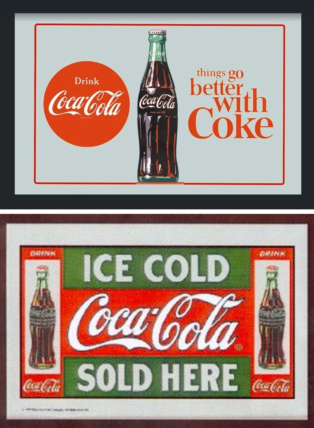 Set: 2 Spiegelbilder Coca-Cola Flasche Vintage things go better with Coke  20x30 cm Hinterglasdruck