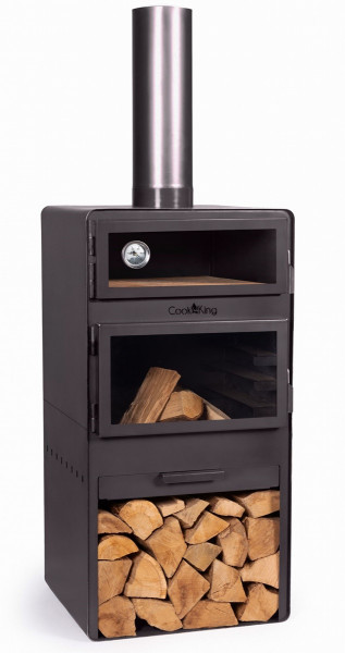 Gartenkamin Vento Pizza-Gartenofen Glastür H 150 cm zum Grillen Heizen Backen und Kaminregal