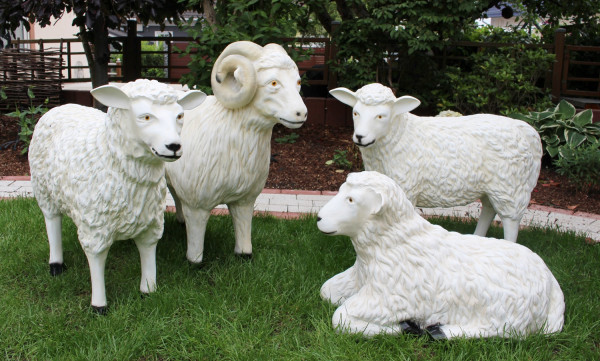 Dekorationsfiguren Schafbock und Schafe lebensgroß H 40-72 cm Gartenfiguren Gartendeko aus Kunstharz